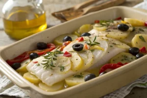 Bacalhau assado com batatas, cebola, tomate, azeitonas e azeite, prato colorido servido em travessa rústica.