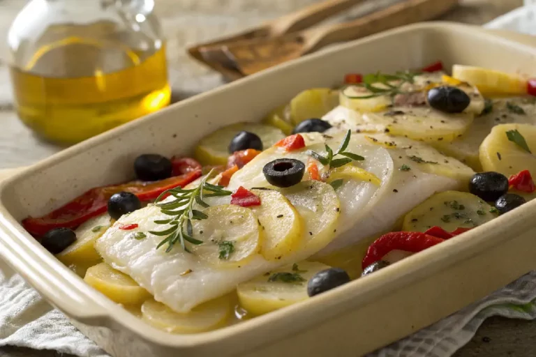 Bacalhau assado com batatas, cebola, tomate, azeitonas e azeite, prato colorido servido em travessa rústica.