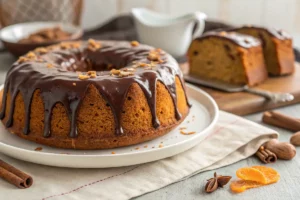 Bolo de cenoura fofinho com cobertura cremosa de brigadeiro de chocolate, fatia úmida e laranja vibrante, servido em prato branco.