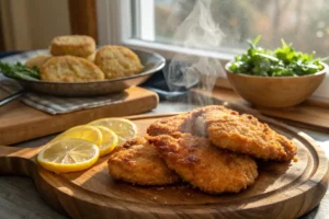 Frango empanado dourado e crocante, peito ou sobrecoxa frita com empanado perfeito, receita caseira simples.
