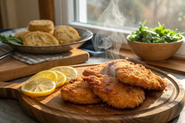 Frango empanado dourado e crocante, peito ou sobrecoxa frita com empanado perfeito, receita caseira simples.