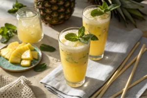 Suco refrescante de abacaxi com folhas de hortelã fresca, servido em copo alto com gelo.