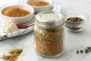 Pote de vidro transparente com tempero caseiro para frango em tons terrosos, cercado por especiarias separadas em tigelas e ervas frescas sobre bancada clara