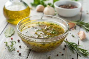 Tempero caseiro para peixe com alho, limão, azeite, tomilho e pimenta, servido em pote de vidro transparente.