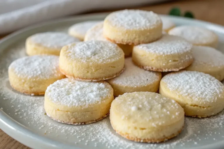 Biscoitos Areias de Cascais, dourados e polvilhados com açúcar de confeiteiro.