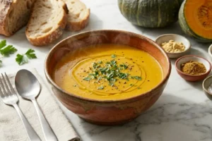 Tigela rústica de Caldo de Abóbora cremoso e fumegante com salsinha fresca.