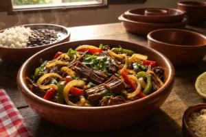 Prato fumegante de carne de sol suculenta desfiada com vegetais, arroz e feijão – receita nordestina clássica.