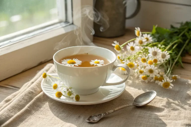 Xícara de chá de camomila dourado com flores frescas sobre mesa de madeira rústica