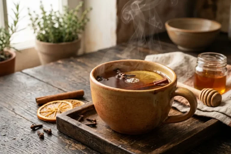 Xícara de cerâmica com chá de cravo quente e vapor subindo, cravos inteiros e canela ao lado sobre madeira rústica
