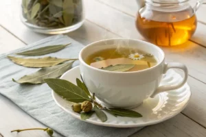 Xícara de chá de louro aromático com folhas secas e vapor quente sobre superfície de madeira