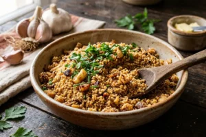 Tigela de cerâmica rústica com farofa de alho dourada e crocante, com pedaços de alho tostado e salsinha fresca por cima
