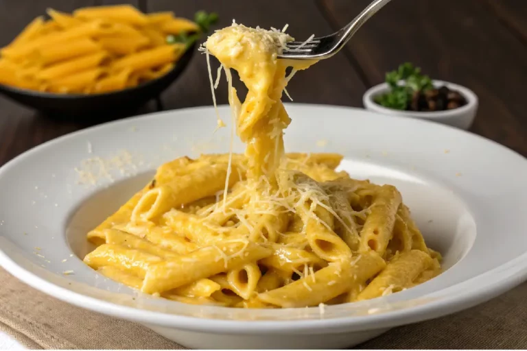 Prato de macarrão penne ao queijo cremoso com garfo levantando porção e fios de queijo derretido esticando