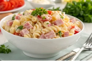 Macarronese tradicional brasileira feita com macarrão parafuso, maionese cremosa, cenoura ralada, milho, ervilha, presunto e cheiro-verde.