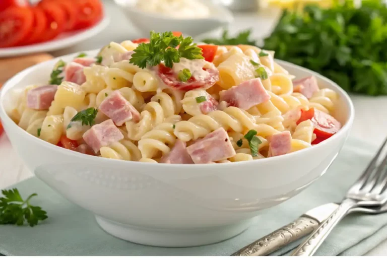 Macarronese tradicional brasileira feita com macarrão parafuso, maionese cremosa, cenoura ralada, milho, ervilha, presunto e cheiro-verde.