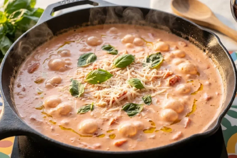 Molho rosé fresco e cremoso em panela, com manjericão e queijo – base perfeita para pratos italianos.