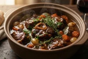 Músculo ensopado caseiro com molho encorpado e carne macia servido em prato fundo