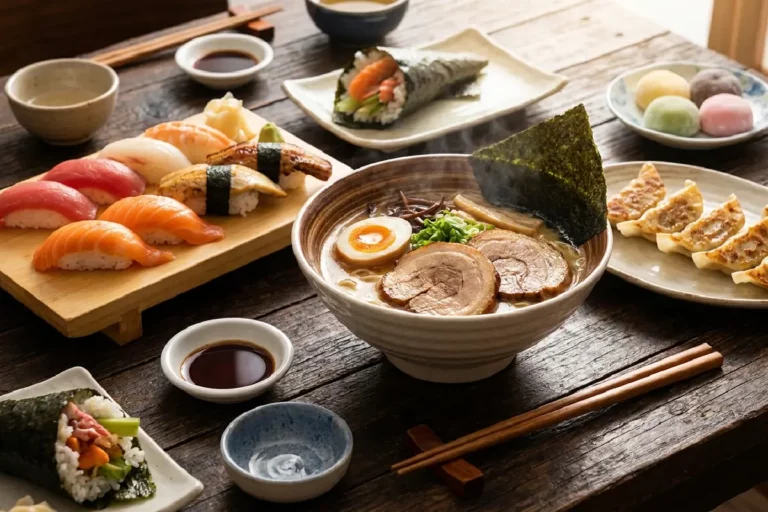 Pratos da culinária japonesa — sushi, lámen e temaki sobre mesa tradicional japonesa