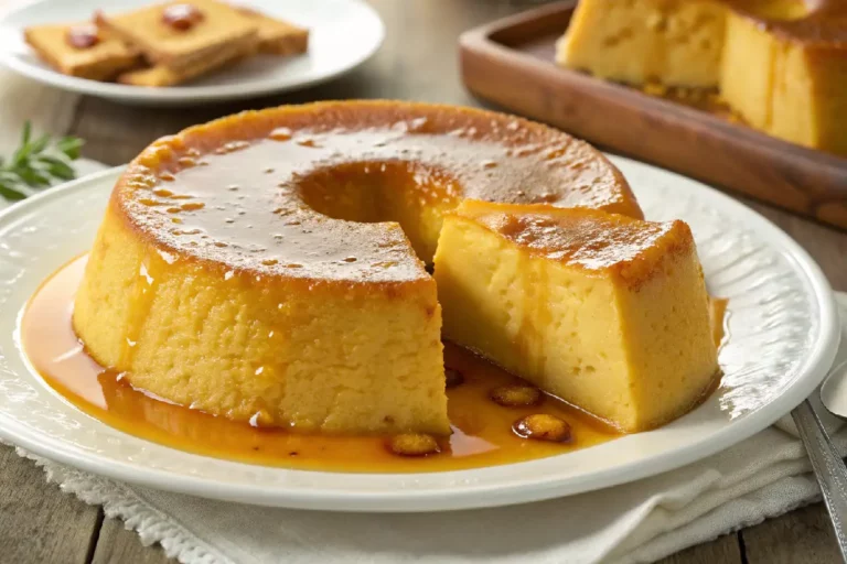 udim de milho verde cremoso amarelo-dourado coberto com calda de caramelo brilhante em prato branco