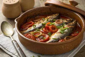 Sardinhas cozidas na pressão com molho de tomate e azeite servidas em panela de barro com ervas frescas e cebola caramelizada