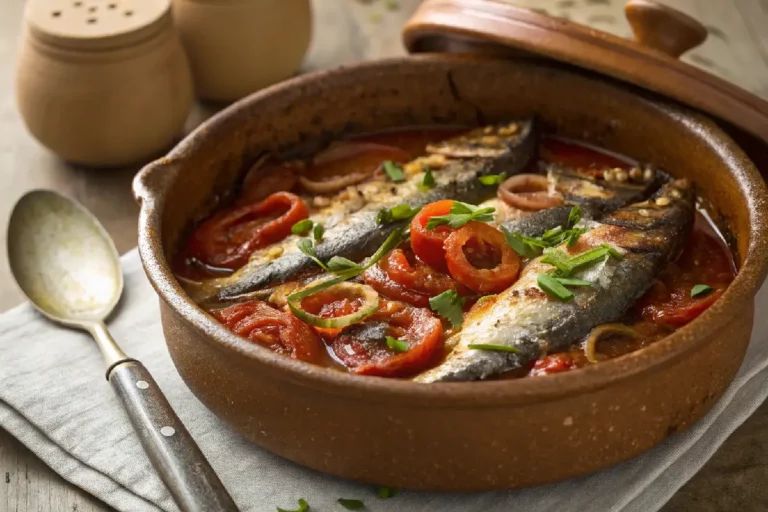 Sardinhas cozidas na pressão com molho de tomate e azeite servidas em panela de barro com ervas frescas e cebola caramelizada