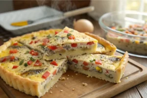 Fatia de torta de sardinha de liquidificador com recheio de tomate e ervas.