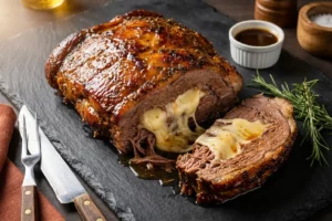 Cupim recheado com queijo fatiado sobre tábua rústica, revelando interior com queijo derretido e crosta caramelizada