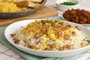 Arroz biro biro tradicional com bacon crocante, ovos mexidos, calabresa refogada e batata palha por cima, servido em prato branco.