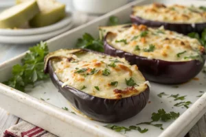 Berinjela recheada com queijo muçarela gratinado, superfície dourada e recheio cremoso visível, servida em travessa.