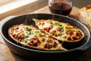 Berinjela recheada com carne moída e gratinada no queijo muçarela dourado em refratário de cerâmica escura