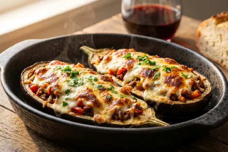 Berinjela recheada com carne moída e gratinada no queijo muçarela dourado em refratário de cerâmica escura