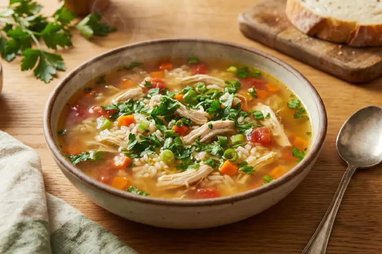 Bowl de cerâmica rústica com canja de galinha caseira de caldo dourado claro com frango desfiado, arroz, cenoura e salsinha fresca