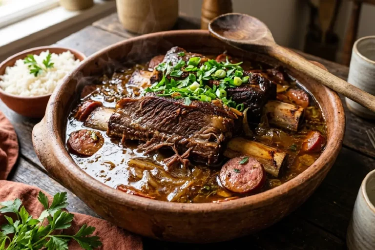 Costela bovina na pressão com calabresa servida em panela de barro com caldo escuro encorpado e ervas frescas