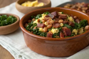 Panela de barro rústica com feijão tropeiro mineiro mostrando mistura de feijão, bacon, linguiça, ovos e couve