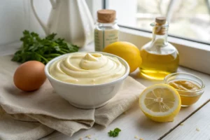 Tigela de porcelana com maionese caseira cremosa cercada por ingredientes frescos como ovo, limão e óleo sobre bancada de madeira