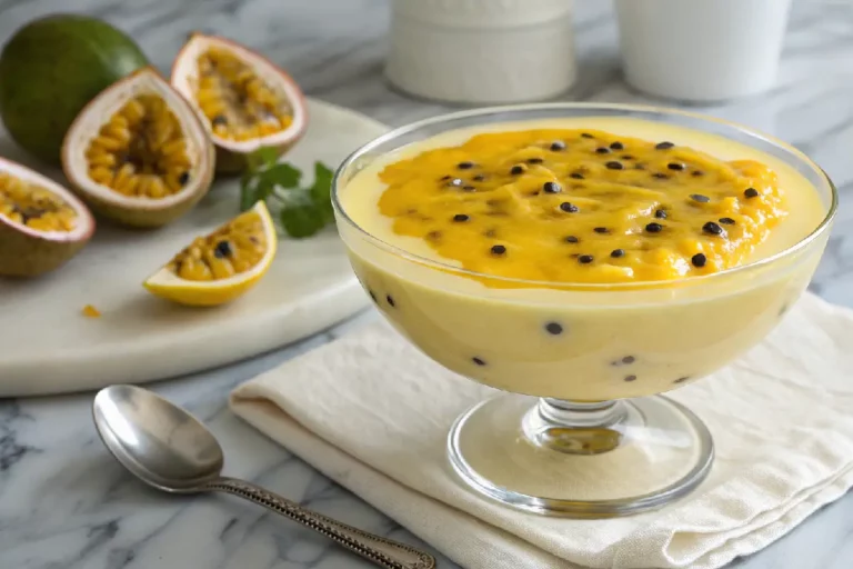 Taça elegante de vidro com mousse de maracujá cremoso amarelo decorado com polpa fresca e hortelã