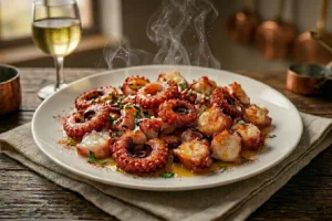 Polvo à Galega tradicional com batatas e azeite de oliva extra virgem, perfeito para um jantar espanhol autêntico