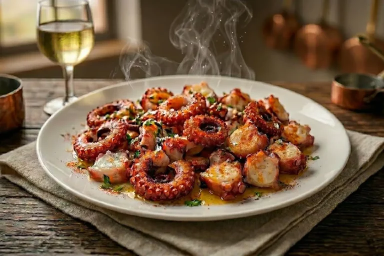 Polvo à Galega tradicional com batatas e azeite de oliva extra virgem, perfeito para um jantar espanhol autêntico