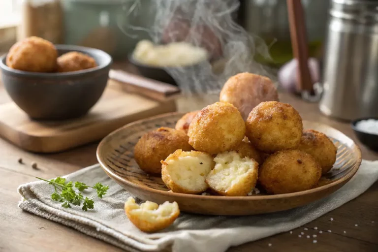 Bolinho de aipim crocante recém-frito servido como petisco caseiro.