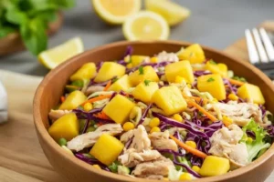 Salada de abacaxi, frango desfiado e repolho crocante, receita leve e tropical.