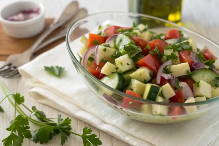 Salada de chuchu cozido com cebola roxa, tomate, salsinha e tempero de limão e azeite, prato colorido e refrescante.