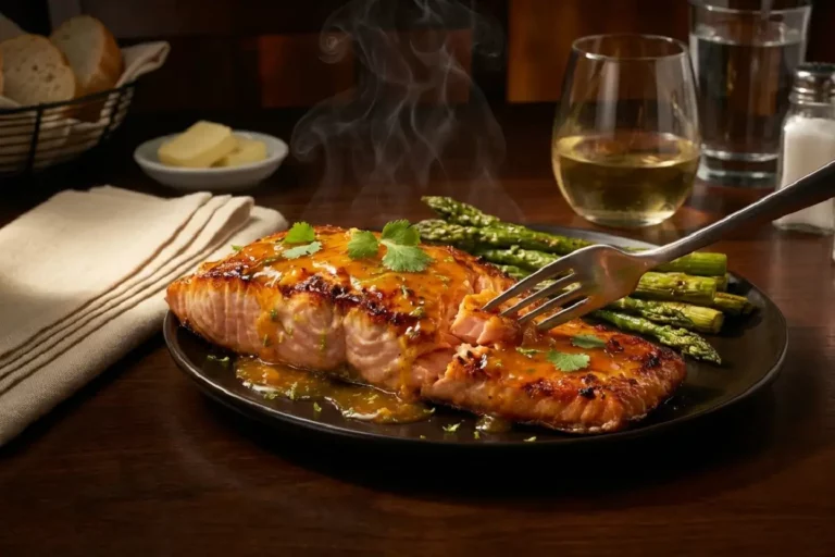 Filé de salmão grelhado com molho de laranja caramelizado, pele crocante e cítricos frescos.