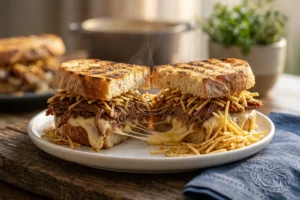 Sanduíche de cupim com dois queijos derretidos cortado ao meio revelando cheese pull e camadas de carne suculenta sobre tábua de madeira rústica