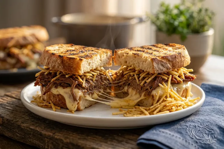 Sanduíche de cupim com dois queijos derretidos cortado ao meio revelando cheese pull e camadas de carne suculenta sobre tábua de madeira rústica