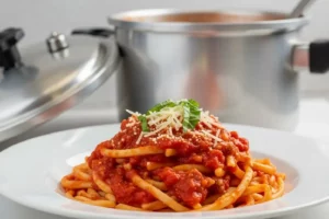 Macarrão cozido na panela de pressão com molho de tomate, queijo ralado e manjericão, prato fumegante em tigela branca.