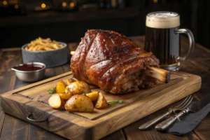 Joelho de porco na cerveja com casca crocante dourada e carne desfiando do osso em tábua rústica