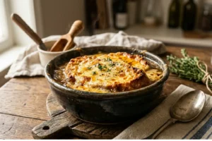 sopa de cebola gratinada, receita francesa, sopa fácil, cebola caramelizada, queijo gratinado, caldo de carne, comfort food, culinária europeia, receita de inverno