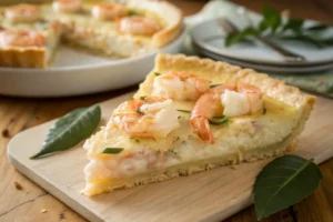 Empadão de camarão dourado, com massa crocante, recheado com camarões, molho cremoso e cobertura de massa folhada