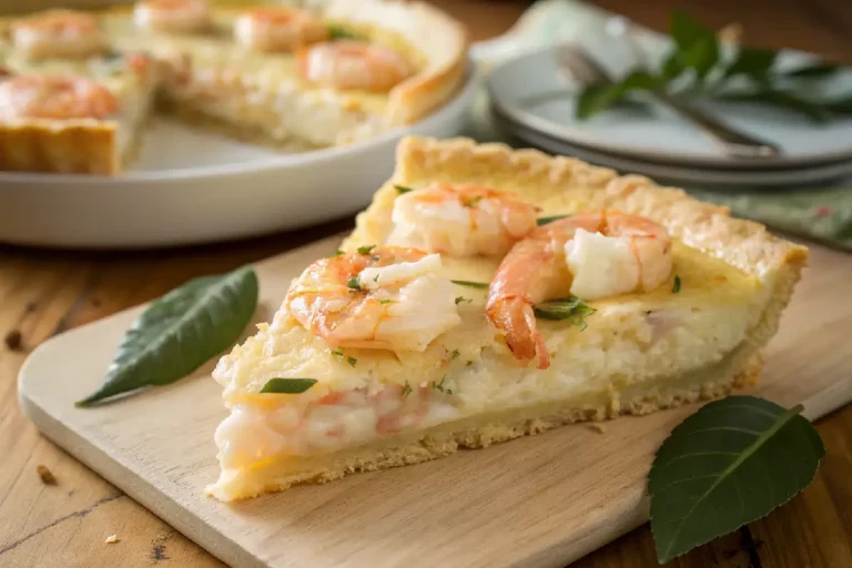 Empadão de camarão dourado, com massa crocante, recheado com camarões, molho cremoso e cobertura de massa folhada