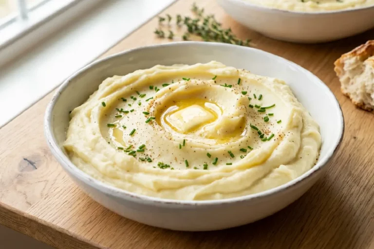 Purê de batata cremoso e aveludado em bowl de cerâmica branca com manteiga derretida e cebolinha verde picada