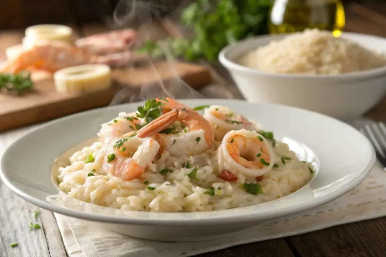Prato de risoto de camarão e lula cremoso finalizado com salsinha fresca.